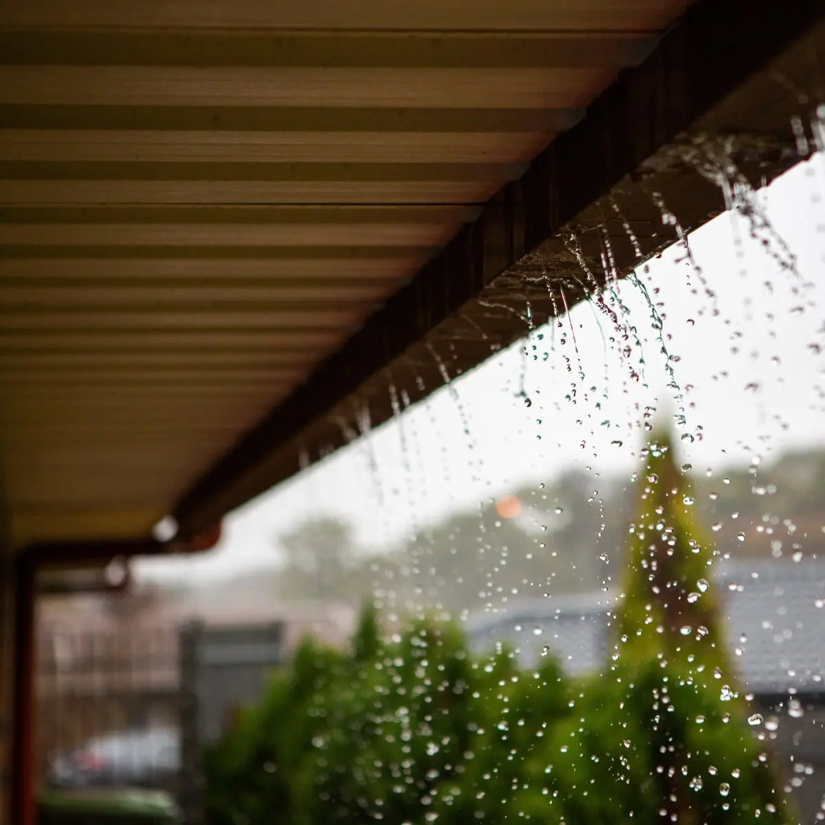 Rain pouring over the edge of a gutter that is not draining